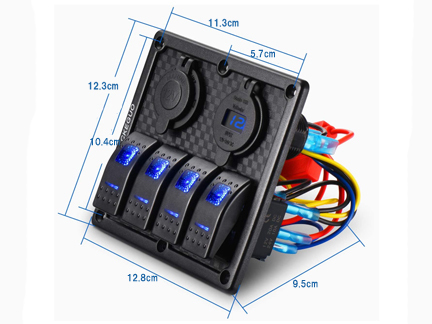 4スイッチ LED 防水 ロッカースイッチパネル シガーライター電源 USB電源 電圧計付き_画像3