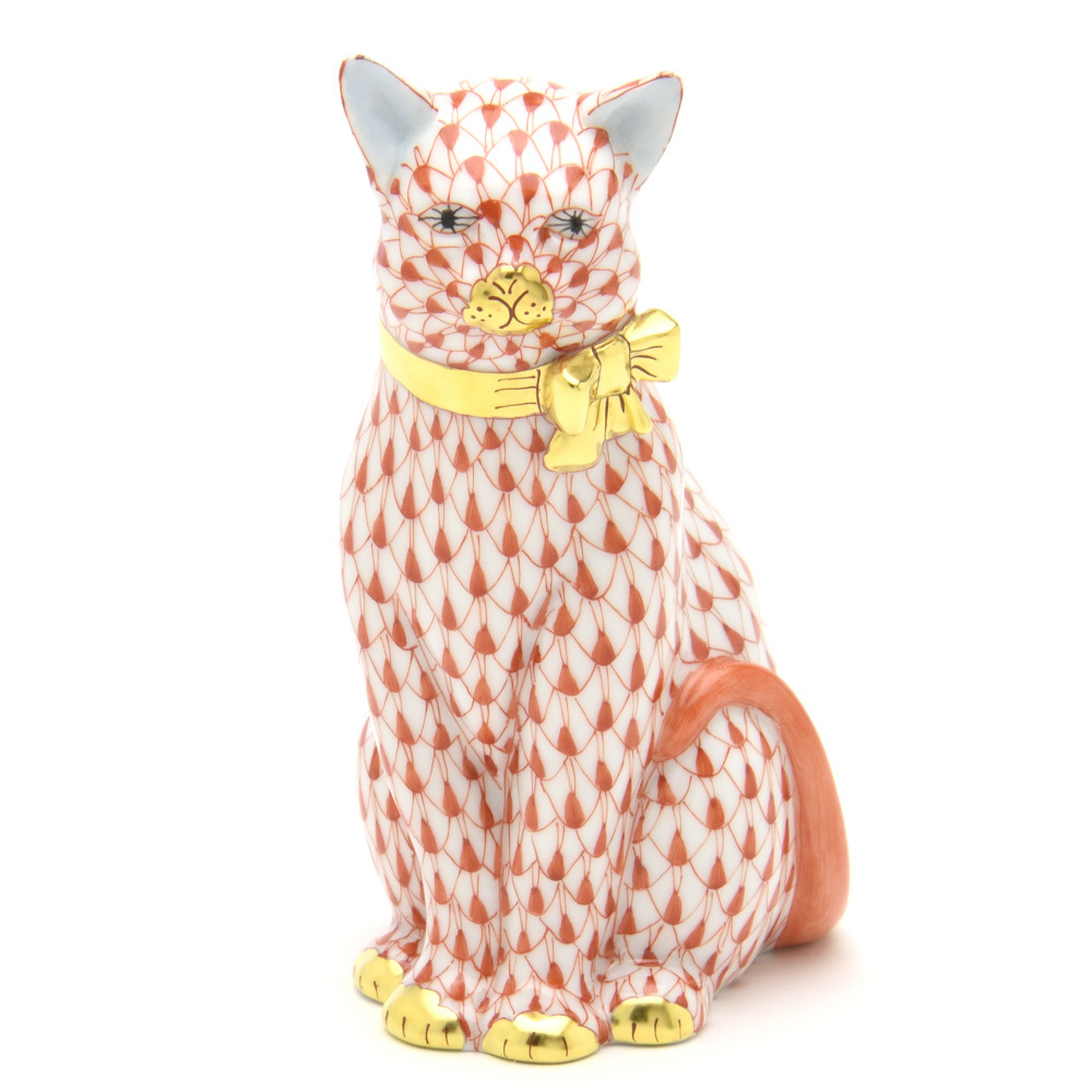 ヘレンド(Herend) ねこ置物 リボンを付けた猫(L) 赤色の鱗模様 手描き 磁器製 キャット 飾り物 ネコ ハンガリー製 新品