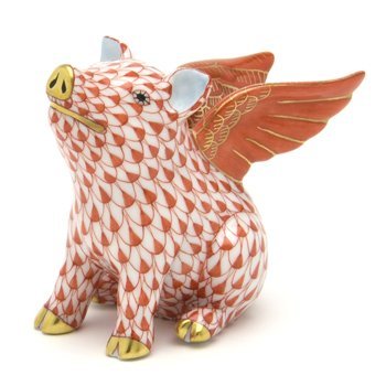ヘレンド(Herend) 豚が飛ぶ時 赤色の鱗模様 金彩仕上げ フィギュリン ピッグ 手描き ぶた 置物 飾り物 ハンガリー製 新品