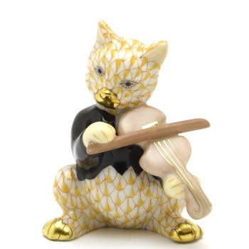 ヘレンド(Herend) バイオリンを奏でる猫 黄色の鱗模様 金彩仕上げ 手描き 磁器製 キャット 猫 置物 飾り物 ハンガリー製 新品