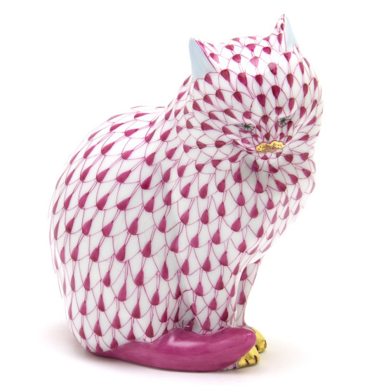 ヘレンド(Herend) 座っている猫 ピンクの鱗模様 金彩仕上げ フィギュリン 手描き キャット 置物 飾り物 ハンガリー製 新品