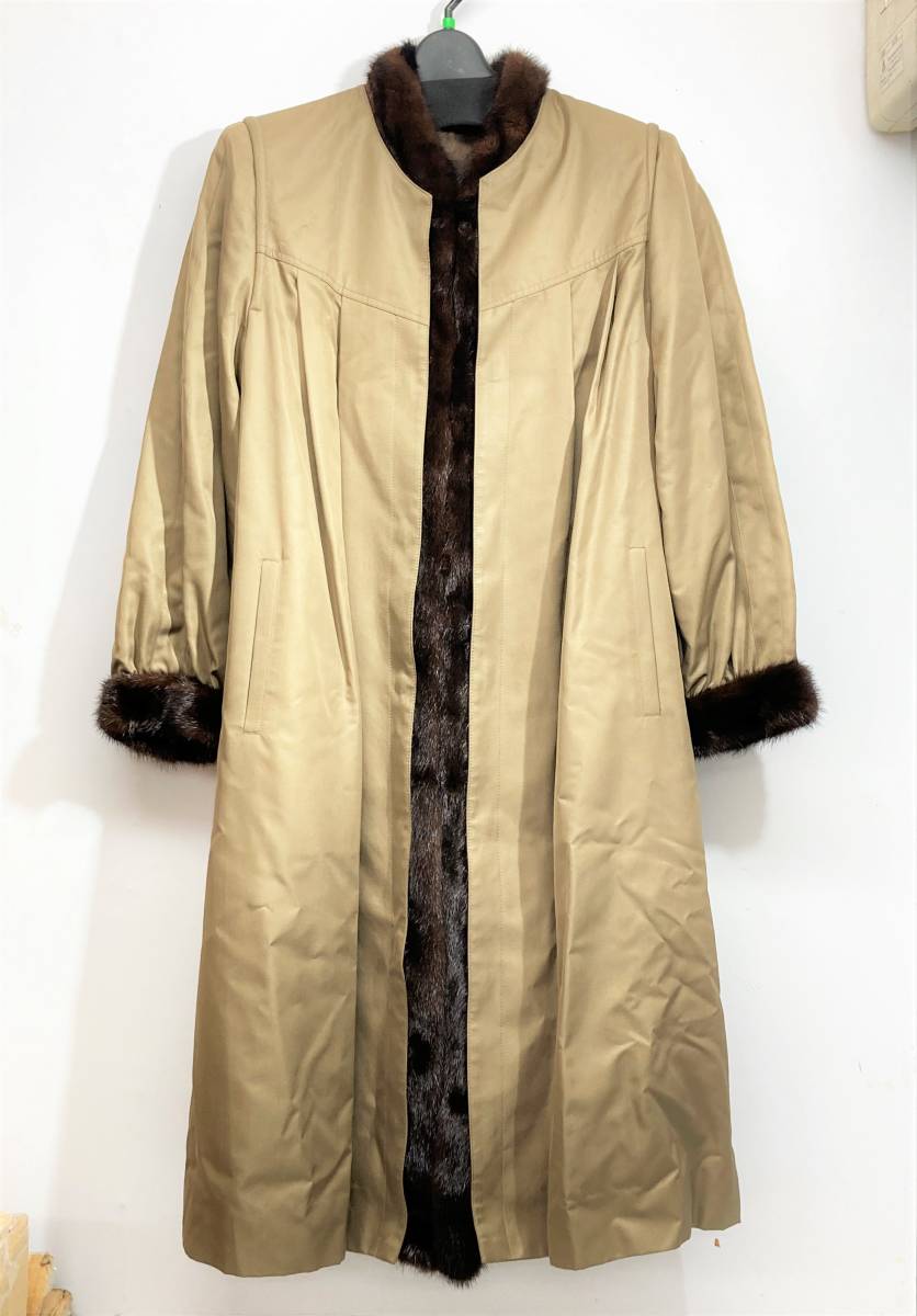 Kanebo Silk カネボウシルク 毛皮 シルクコート ライナー付 ロングコート 襟:ミンク ライナー:ラム M リアルファー ブラウン