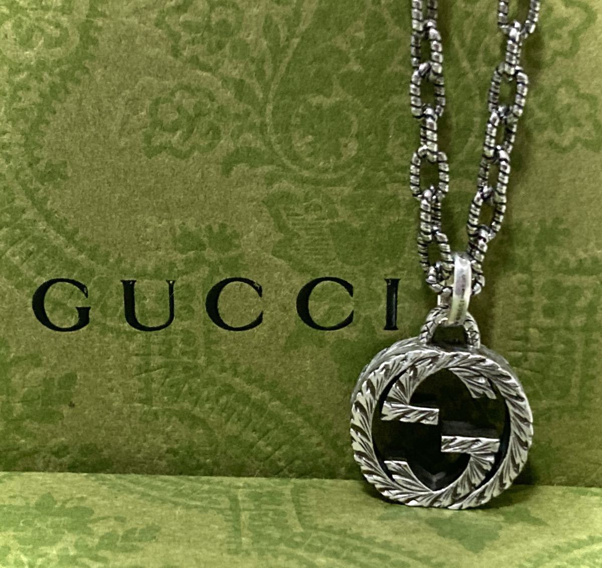 【即決/送料込み】正規品 GUCCI/グッチ アラベスク/インターロッキングG ネックレス/ペンダント 燻加工/ラージサイズ シルバー925