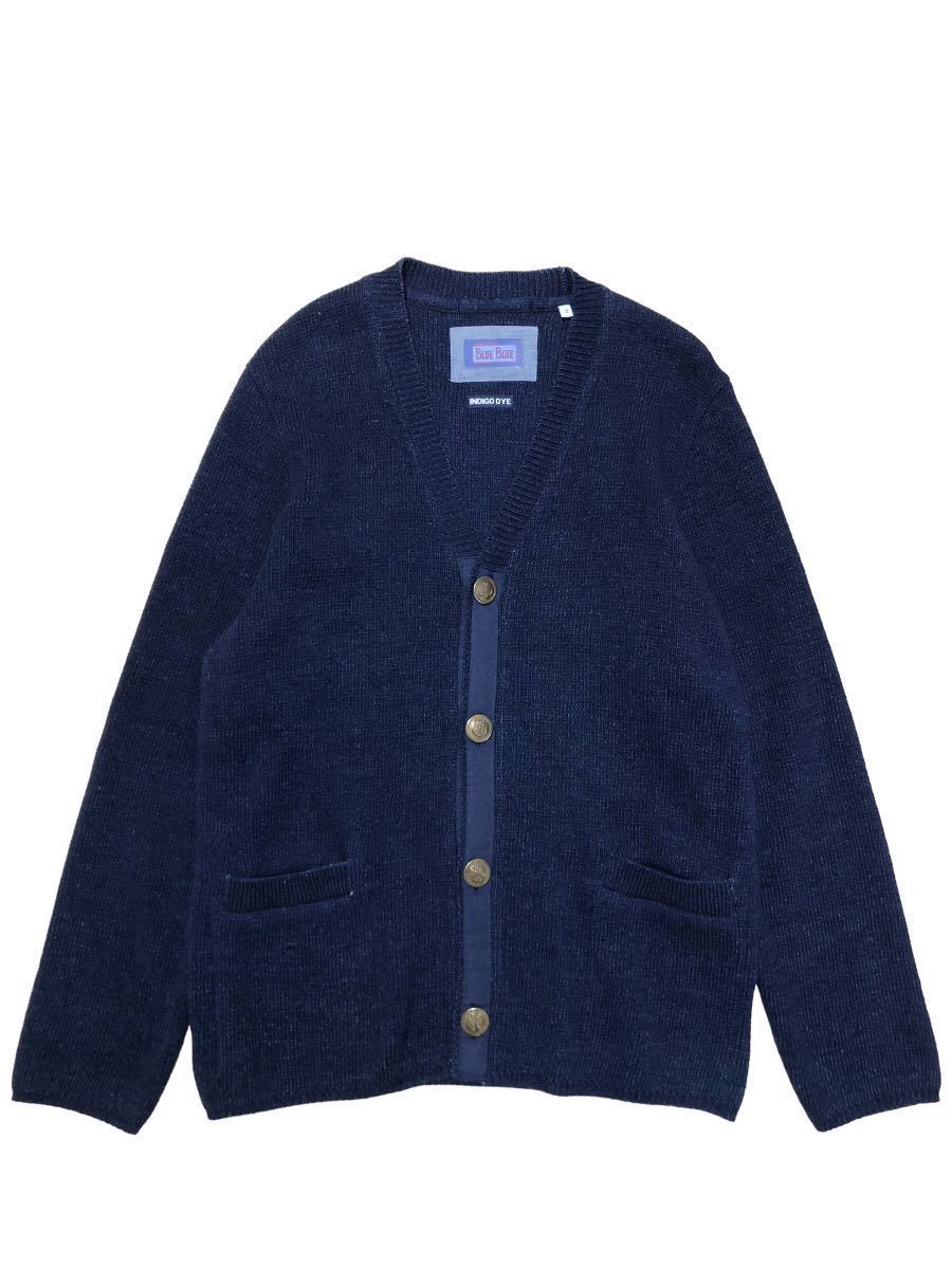 美品 BLUE BLUE ブルーブルー 金ボタン インディゴ染め コットン ニット カーディガン 3 INDIGO DYE