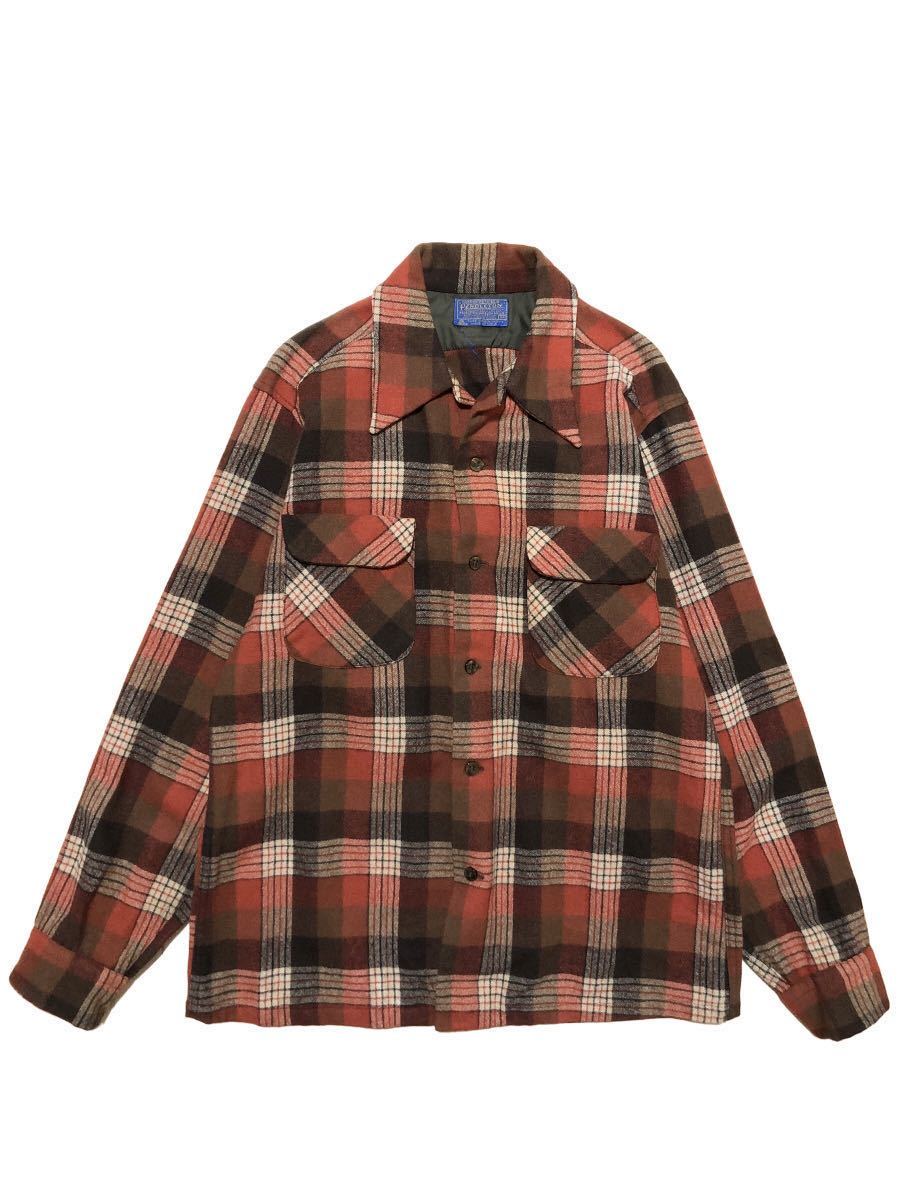 美品 PENDLETON ペンドルトン USA製 70s ウール オープンカラー 長袖 シャツ M ブラウン系 チェック 開襟