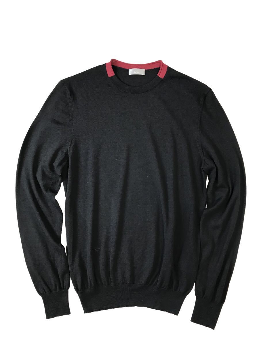 (D) DIOR HOMME Dior Homme BEE вышивка шея переключатель шерсть вязаный S черный красный свитер 