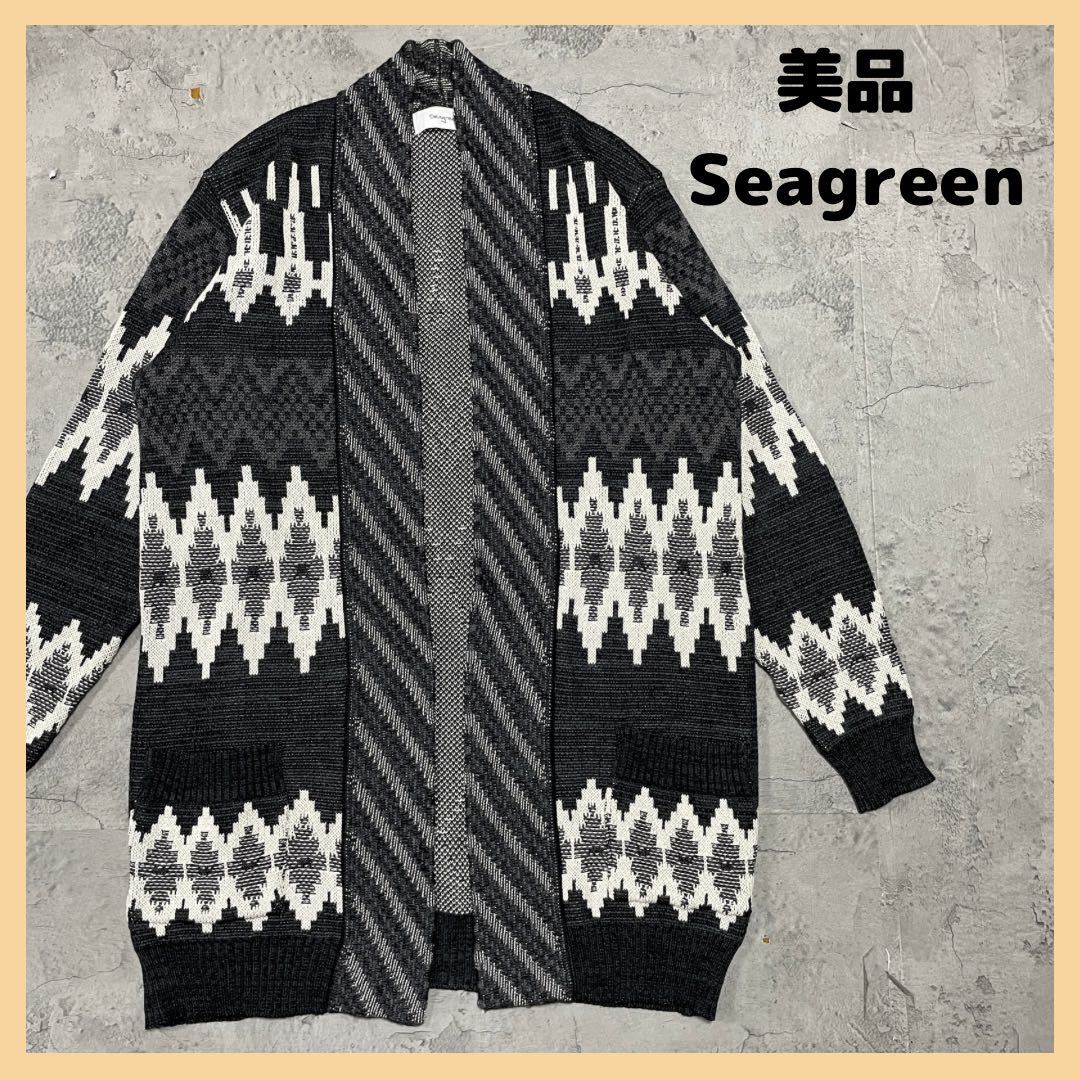 美品 Seagreenシーグリーン ガウン セーター ウール ニット カーディガン 日本製 ボタンなし グレー ホワイト サイズ3 L相当 玉FL2122