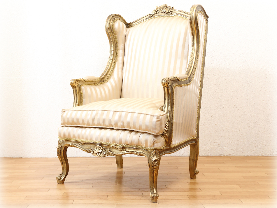 【期間限定30%オフ】英国/イギリス製 1920年代 ルイ15世Louis XVスタイル ゴールドギルト コンフェショナル ウィングチェア