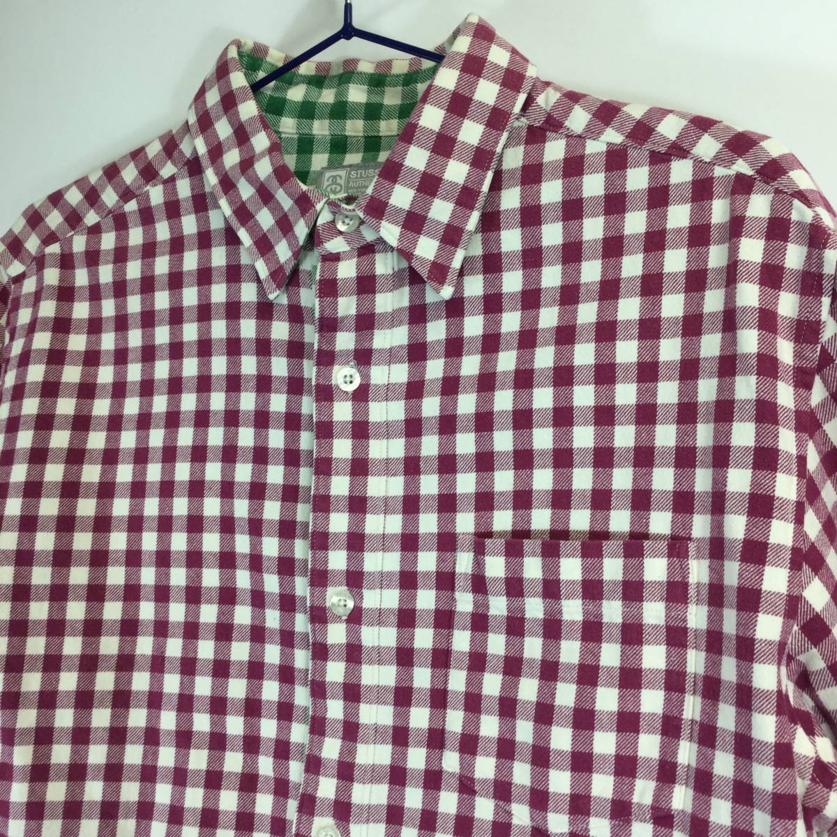 STUSSY ステューシー コットンネルシャツ 7分袖 チェック柄 Ｌサイズ パープル グリーン_画像2