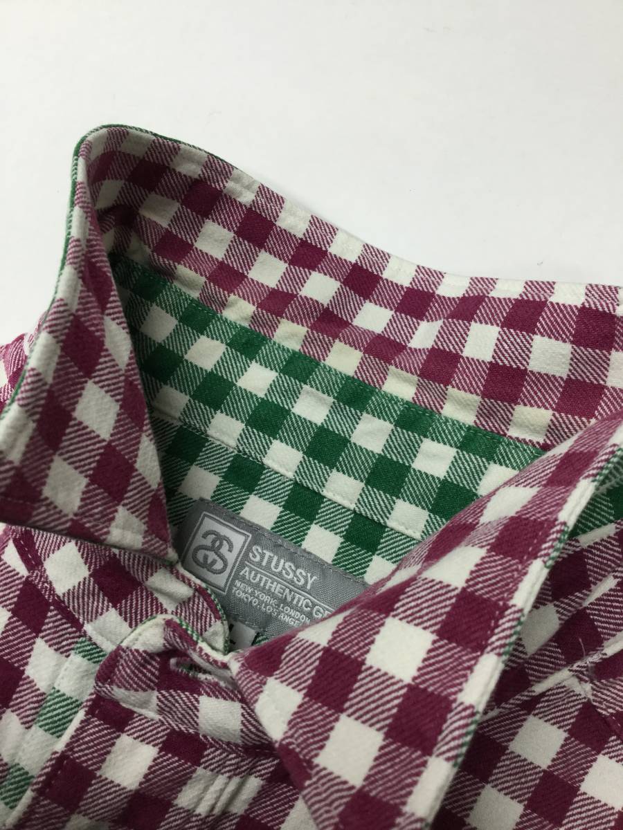 STUSSY ステューシー コットンネルシャツ 7分袖 チェック柄 Ｌサイズ パープル グリーン_画像3