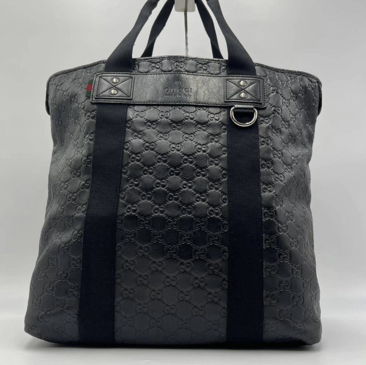 《極美品》GUCCI グッチ メンズ トートバッグ ショルダー ビジネス 肩掛け GGシマ シェリーライン 大容量 ラバー レザー A4 黒 ブラック