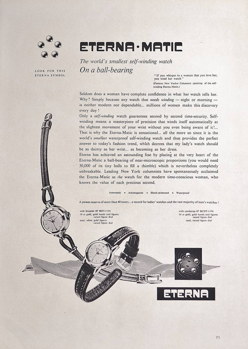  rare * clock advertisement!1953 year Eterna clock advertisement /Eterna Matic Watches/ lady's /O
