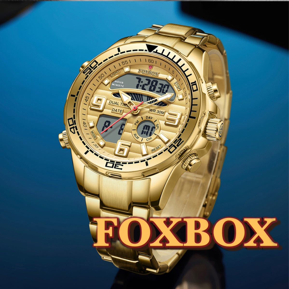 週間売れ筋 新品 FOXBOX フルゴールドデュアルウォッチ メンズ腕時計 ステンレスベルト