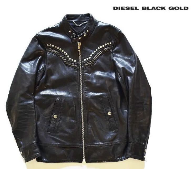 DIESEL BLACK GOLD スタッズ付きレザーライダースジャケット 黒