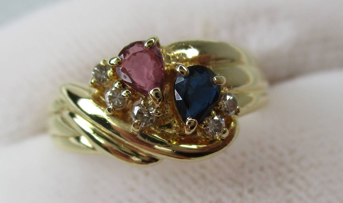 R-124 K18 Ruby Sapphire Diamond Design Ring Beautiful