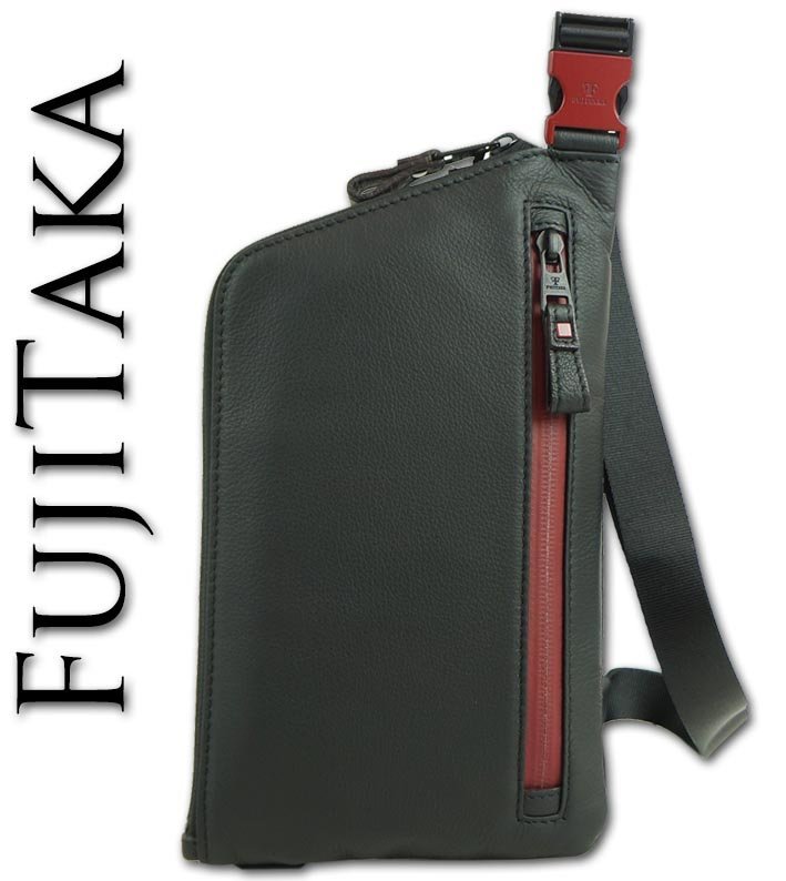 フジタカ FUJITAKA 超薄型 レザー ワンショルダーバッグ メンズ ブラック×レッド 新品 正規品 日本製 定価19,800円_画像4