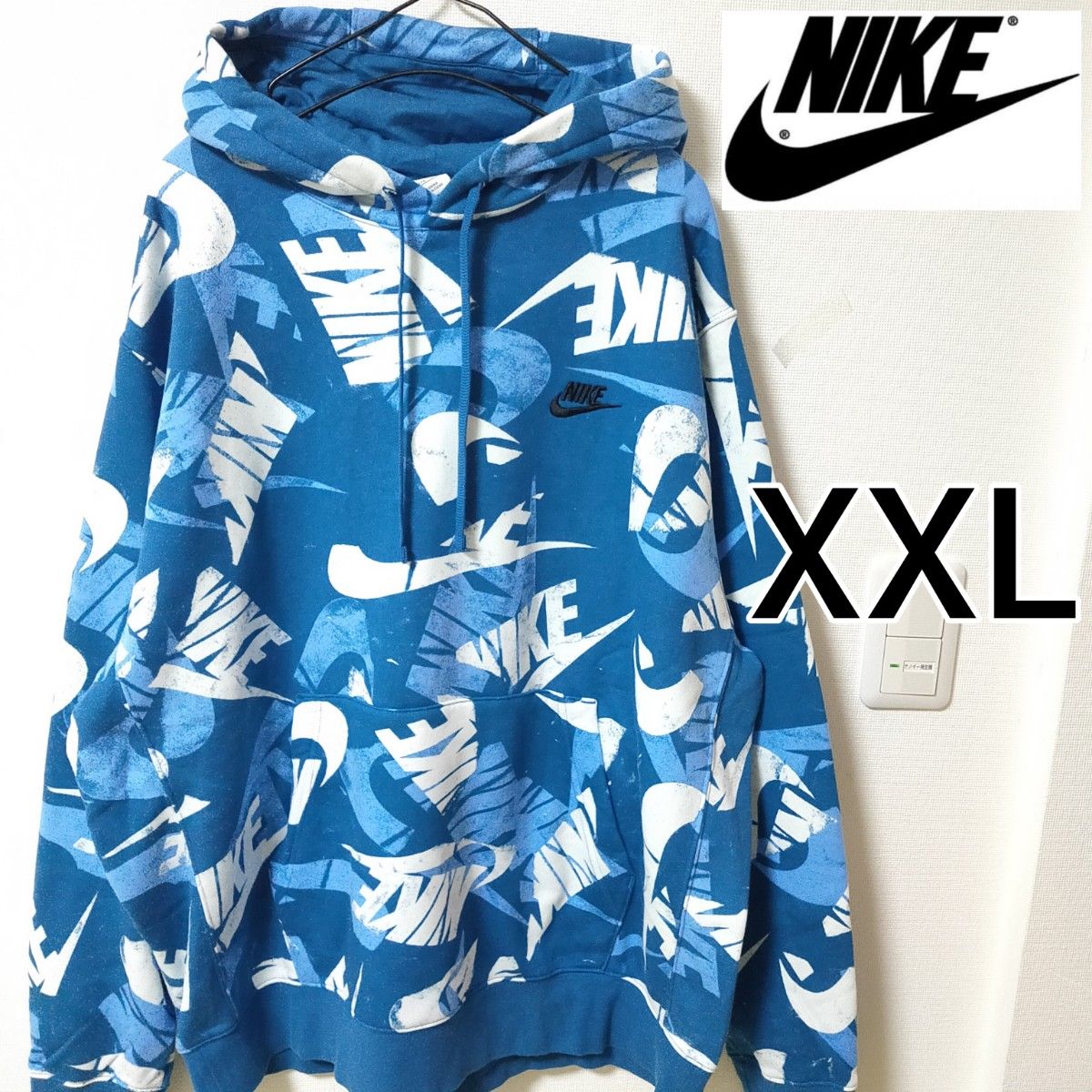 NIKE 青 プルパーカー AOP スウッシュ総柄 フリース ナイキ 男性XXL