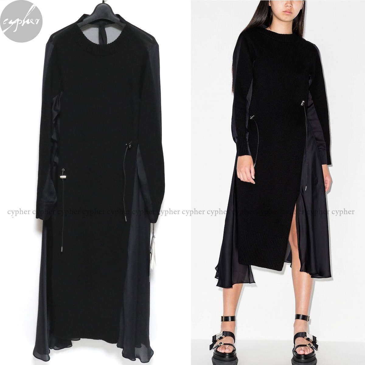 4 新品 21AW sacai ウール ニット ドレス ブラック サカイ ワンピース ドッキング セーター オーガンジー サテン 21-05668 黒_画像1