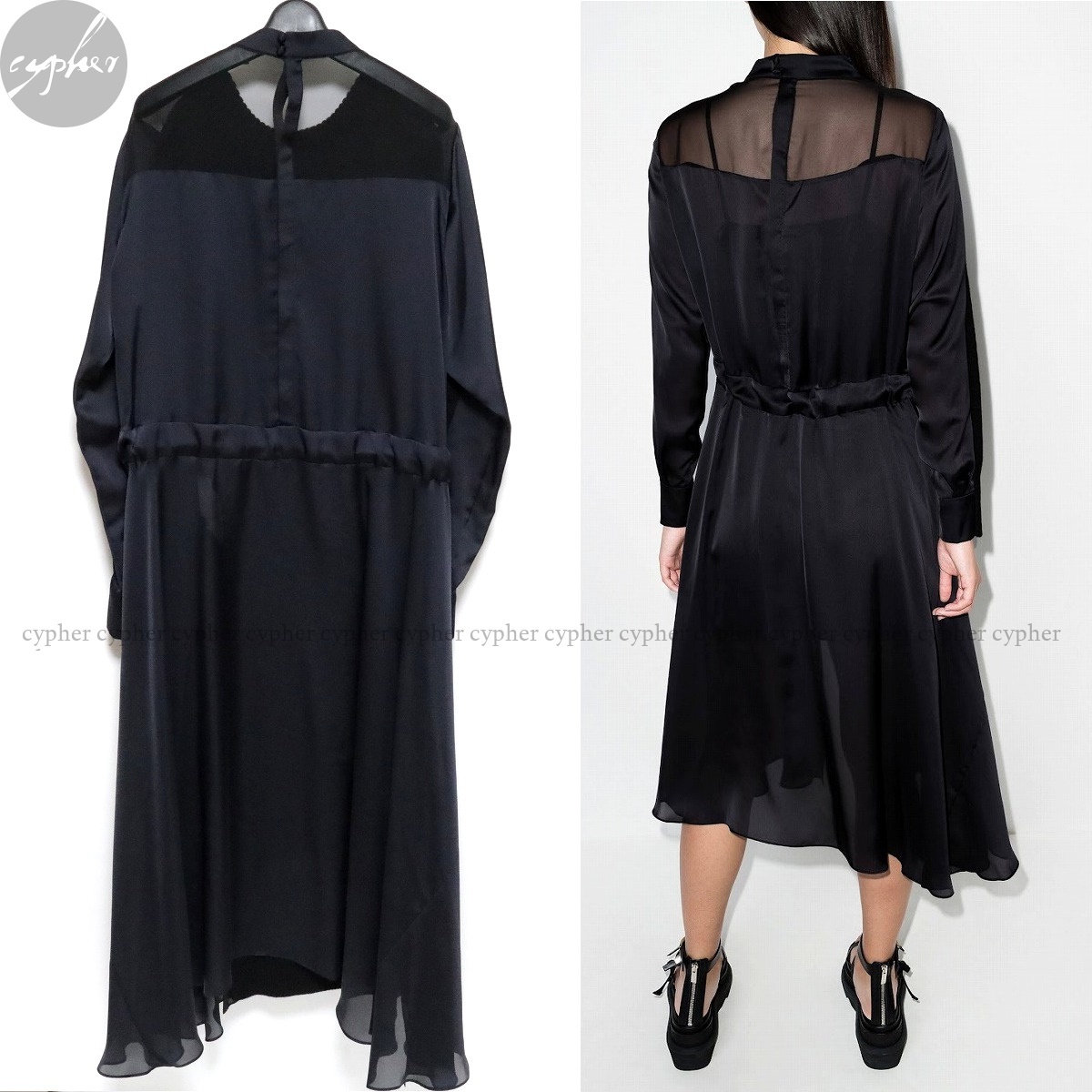 4 新品 21AW sacai ウール ニット ドレス ブラック サカイ ワンピース ドッキング セーター オーガンジー サテン 21-05668 黒_画像2