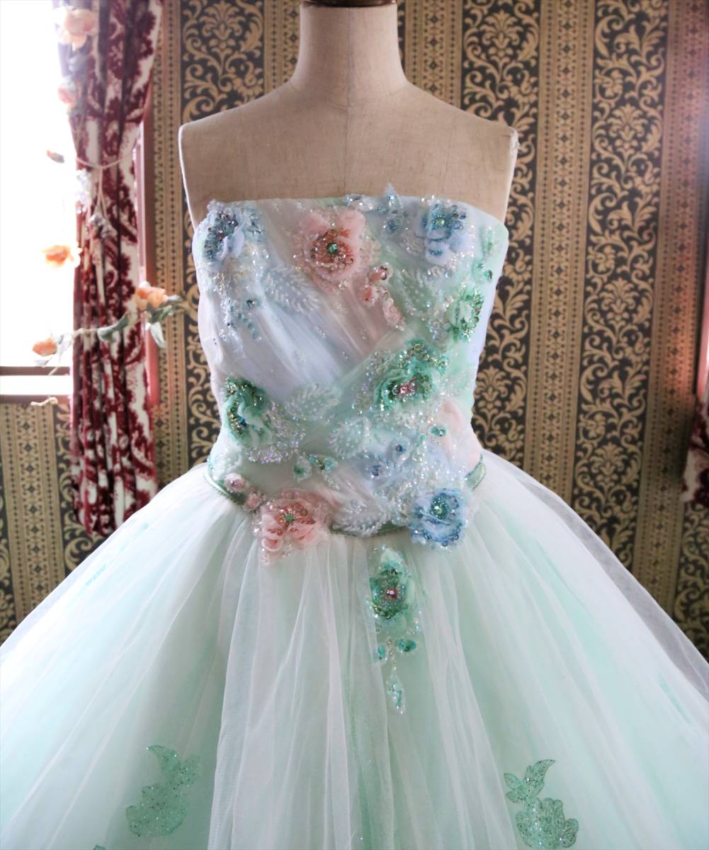 佐々木希コレクション高級ウエディングドレス11号13号15号L~3Lサイズ大きいサイズペールグリーンカラードレス編み上げ調節可能_画像5
