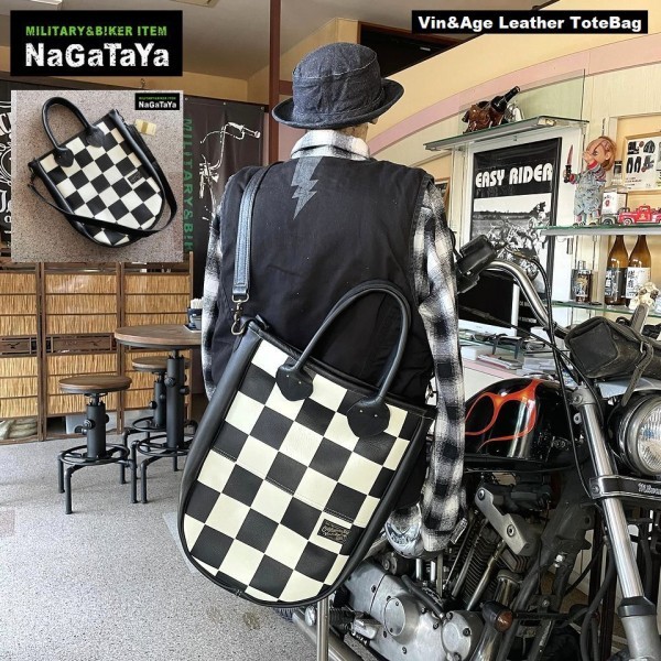 Vin&Age bin and edge TYPE VBG6 leather tote bag original leather kau leather Biker bag checker flag pattern 