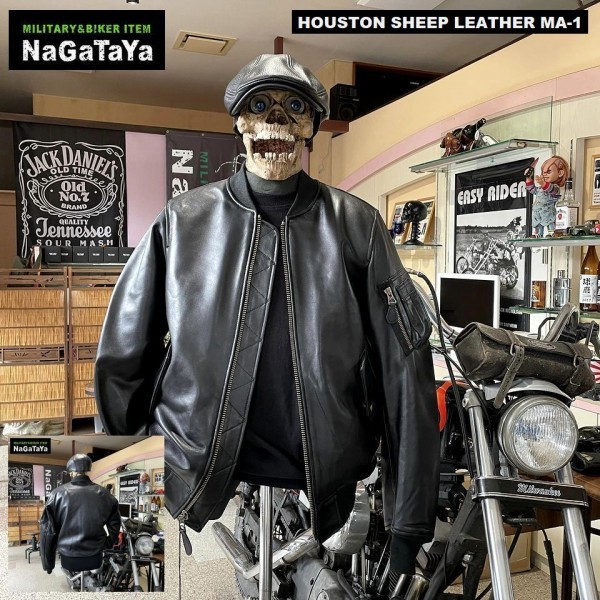 人気満点 本革 シープレザーMA-1 JACKET FLIGHT MA-1 LEATHER SHEEP ヒューストン HOUSTON レザーフライト 8191 黒 山羊革 Lサイズ ジャケット Lサイズ