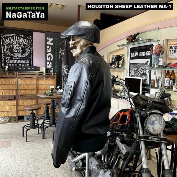 HOUSTON ヒューストン SHEEP LEATHER MA-1 FLIGHT JACKET シープレザーMA-1 本革 レザーフライト ジャケット Lサイズ 山羊革 黒 8191_画像3