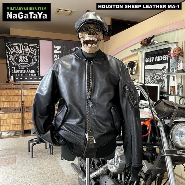 HOUSTON ヒューストン SHEEP LEATHER MA-1 FLIGHT JACKET シープレザーMA-1 本革 レザーフライト ジャケット Lサイズ 山羊革 黒 8191_画像6
