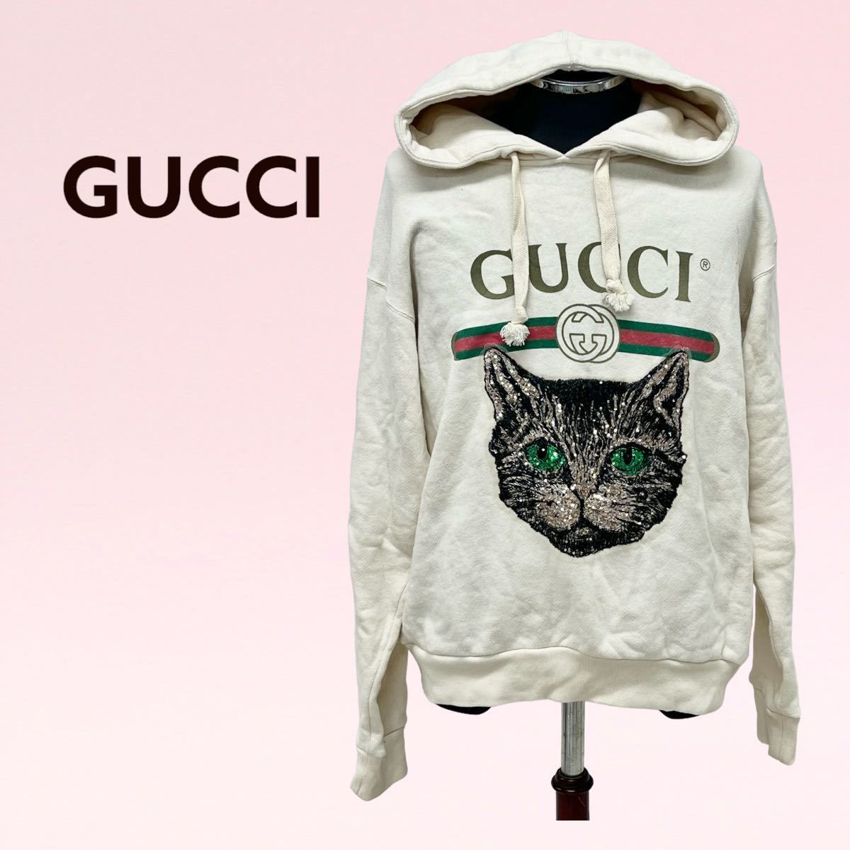 高級 GUCCI グッチ 猫 キャット スパンコール ロゴ シェリーライン フーディー スウェット パーカー レディース 469251 X9P67 