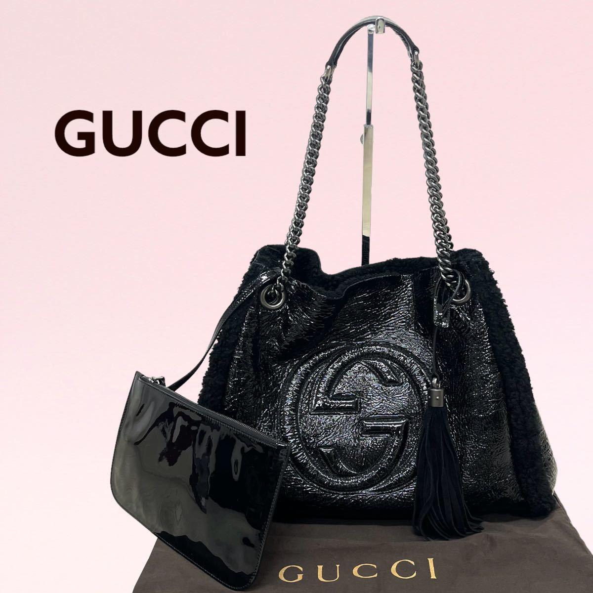 GUCCI ソーホー グッチ エナメル ハンドバッグ レザー トートバッグ 黒