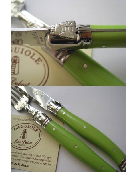 フランス生産Laguioleナイフ フォークキウイ色ジャン デュボJean dubost ライヨール 1.5mm幅ステンレス　ハチの紋章フレンチ_画像2