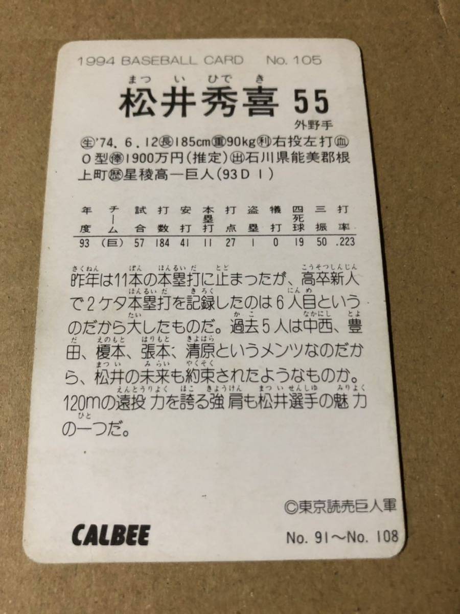 1994年 カルビー プロ野球カード No.105 松井秀喜の画像2