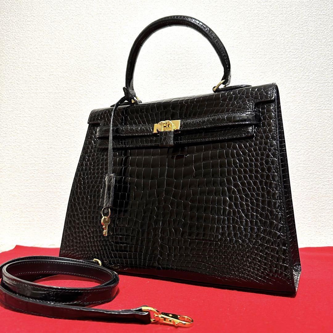 美品☆ クロコダイル レザー ハンドバッグ ショルダー バッグ 2way