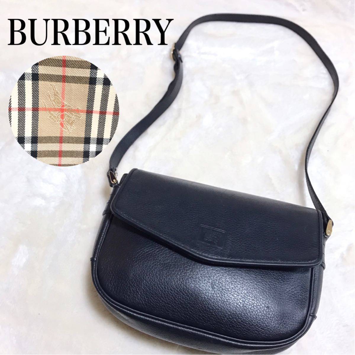 美品 BURBERRY バーバリー ロゴ レザー ショルダーバッグ ブラック