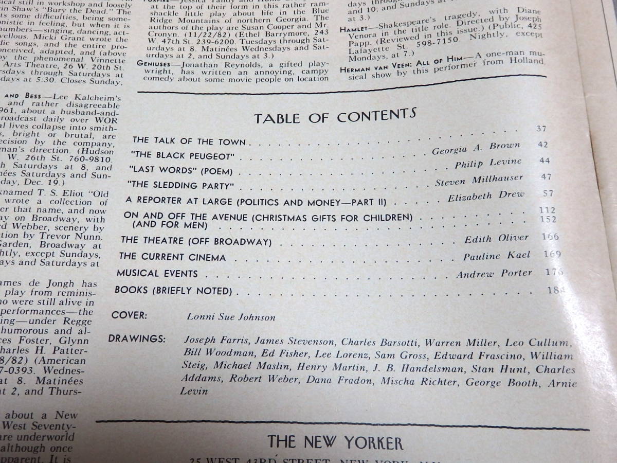 『ニューヨーカー』誌 1982年12月13日号／小説 詩 批評 書評 演劇 オペラ コンサート 絵画 展覧会 短編 雑誌 表紙 The New Yorkerの画像2