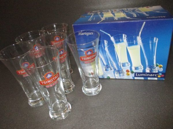 12 customer set * unused rare rare article blue island sake chin tao blue island beer glass TSINGTAO in box new goods Luminarc France made China most old beer bi Agras 