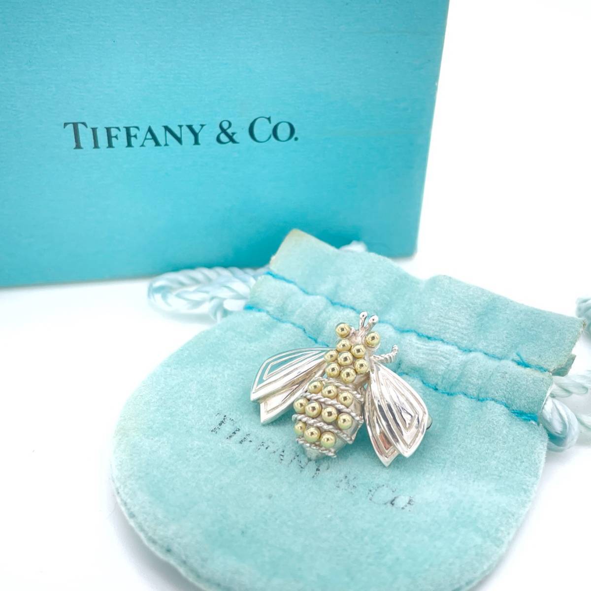 極希少 美品 Tiffany&Co. ヴィンテージ ティファニー BEE シルバー ゴールド コンビ ブローチ SV925 K18 ハチ 蜂 ピン AA141_画像1