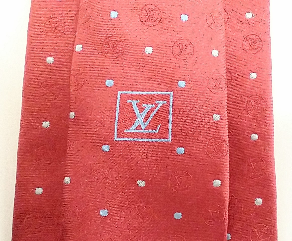 LOUIS VUITTON ルイヴィトン ネクタイ M70183 IS0196 小物 ドット柄 ロゴ刺繍 赤 レッド シミあり_画像3