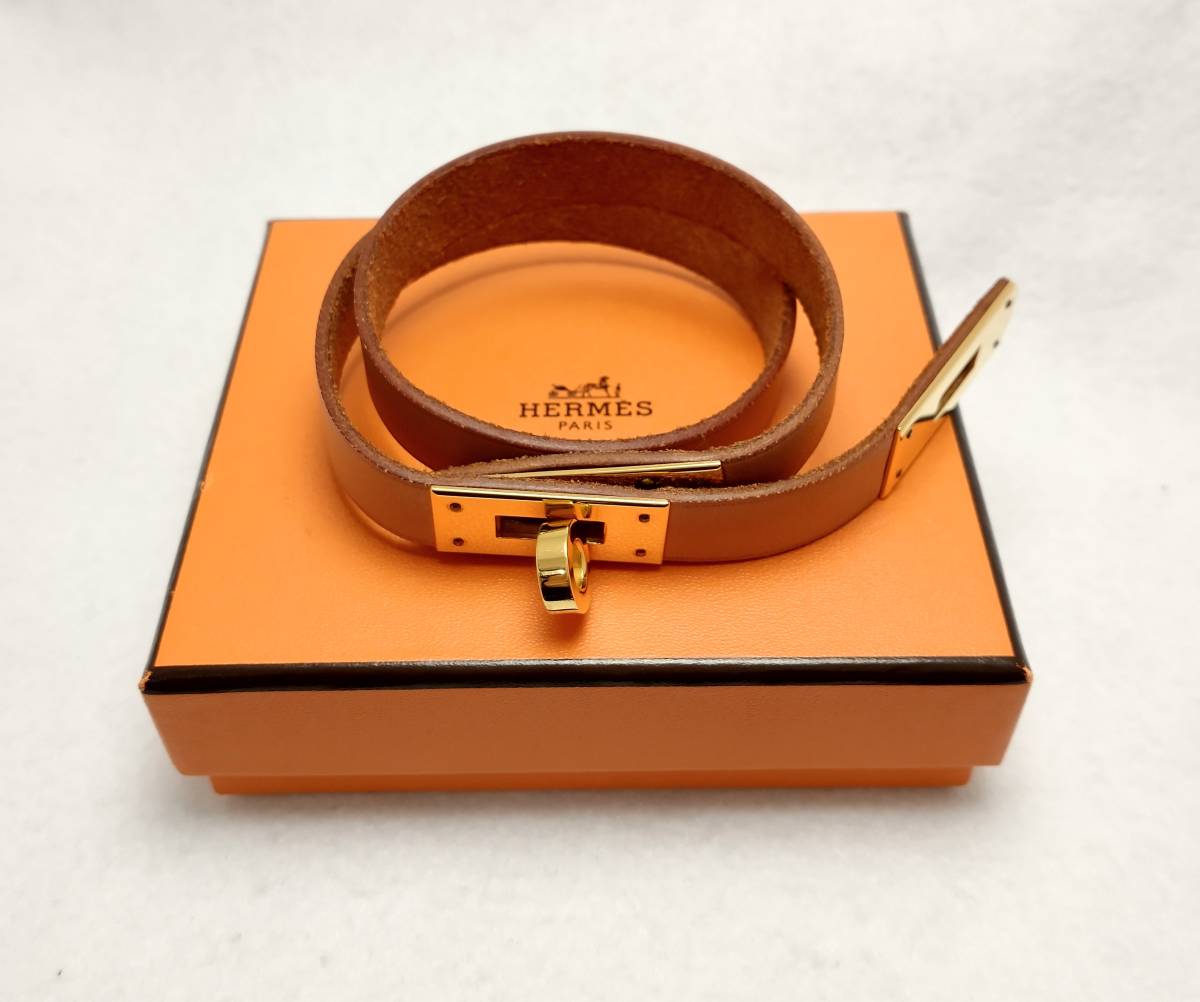 HERMES エルメス クロア金具 ブレスレット ケリー レザー ブラウン ゴールド 約50cm メンズ レディース_画像6