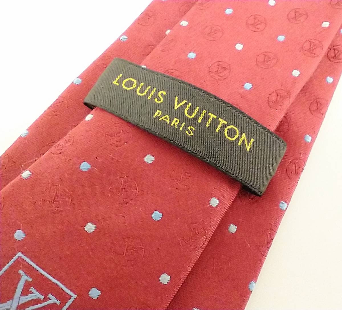 LOUIS VUITTON ルイヴィトン ネクタイ M70183 IS0196 小物 ドット柄 ロゴ刺繍 赤 レッド シミあり_画像4