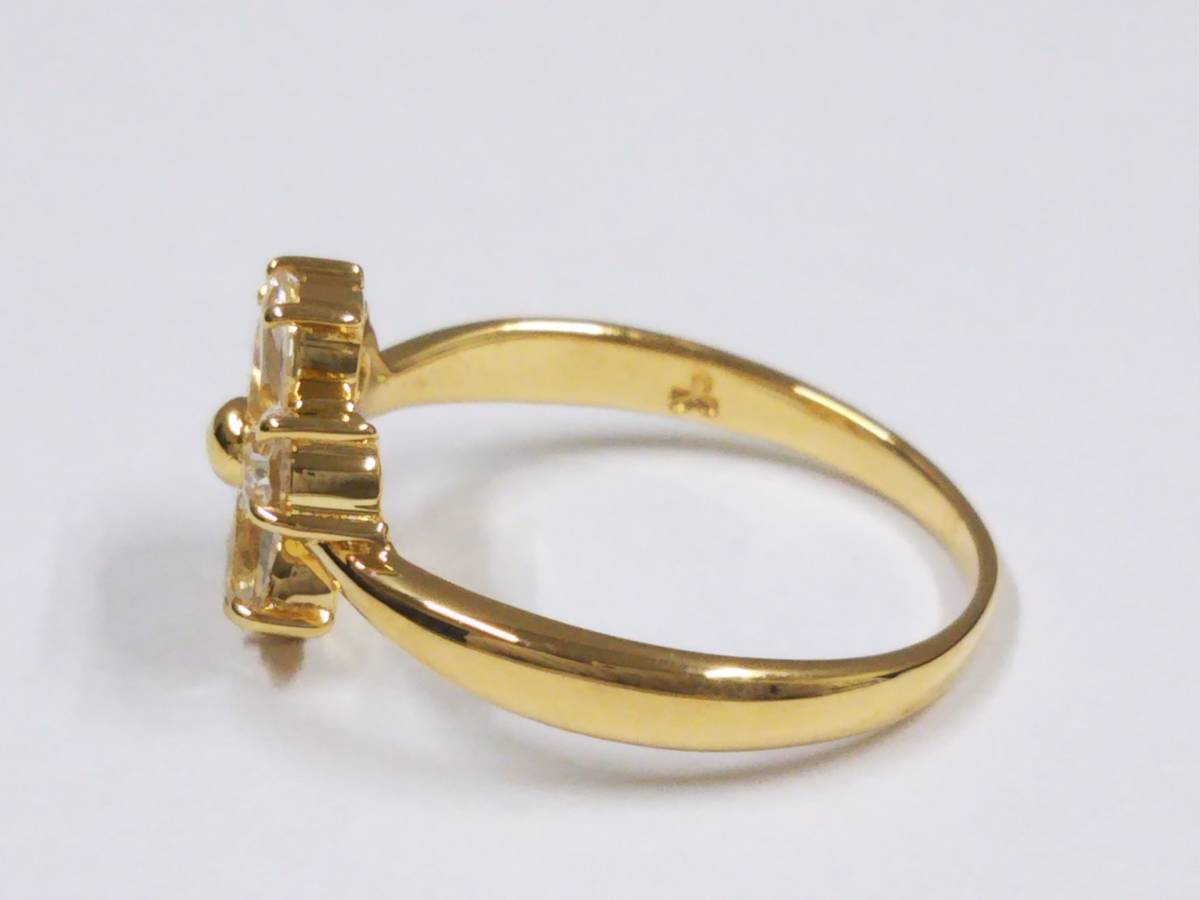【クリーニング済】K18 ゴールド リング 総重量約2.4g 約11号 花 デザイン フラワー モチーフ 透明石 指輪 - 1