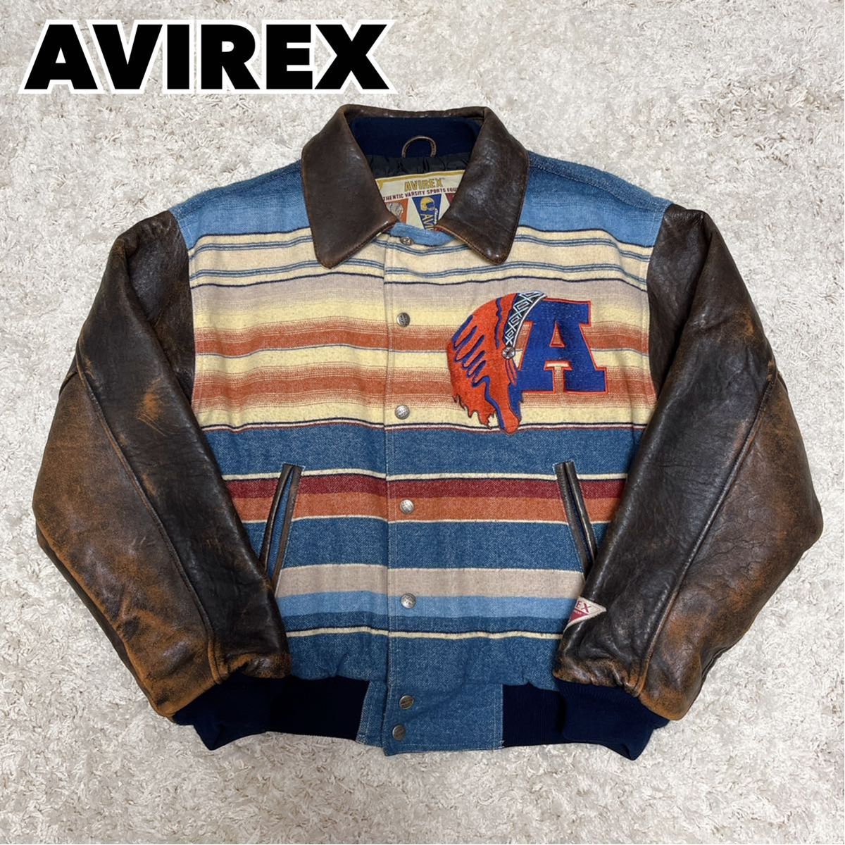 90s AVIREX アヴィレックス レザージャケット スタジャン ウール 刺繍