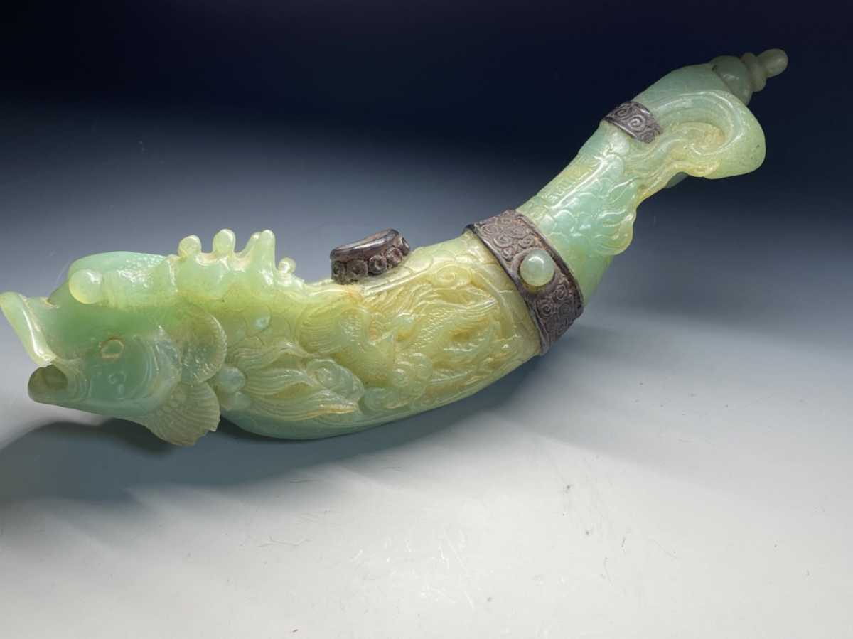 N6 京都買取品 唐物 中国美術 緑玉石造 龍 置物 重量647g 玉石彫刻 