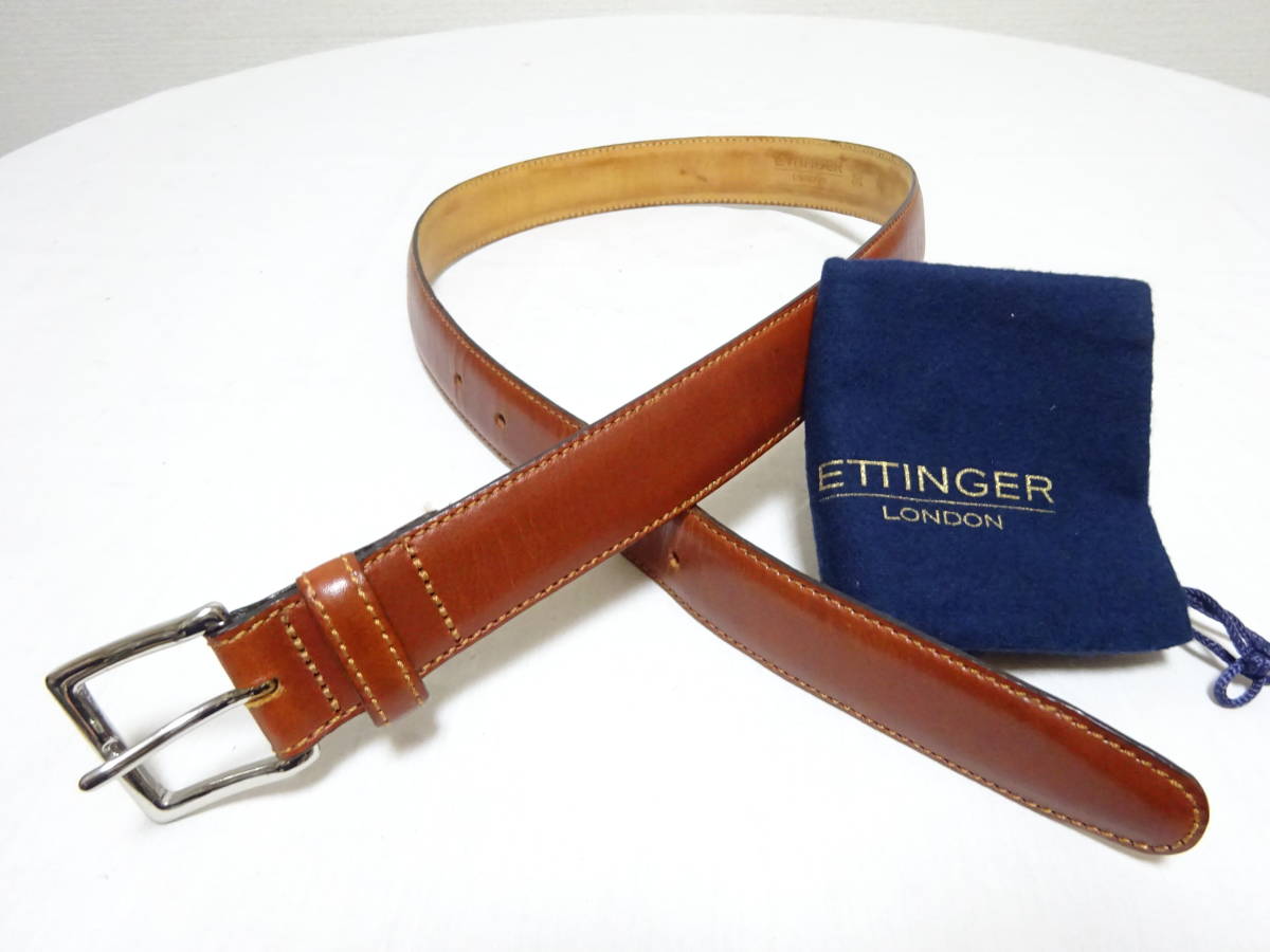 トップ ETTINGER LONDON エッティンガー レザーベルト ブラウン×シルバー 75 ENGLAND製 保存袋