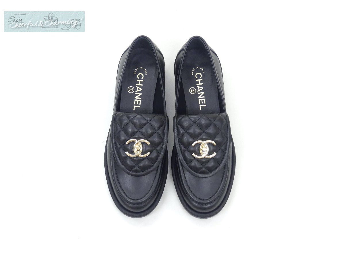 未使用 CHANEL ローファー モカシン 37 1/2C ブラック ラムスキン ココ