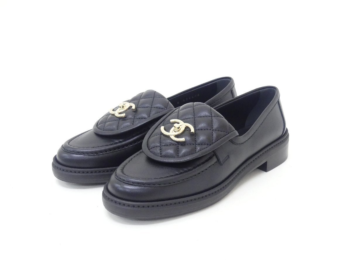 未使用 CHANEL ローファー モカシン 37 1/2C ブラック ラムスキン ココ