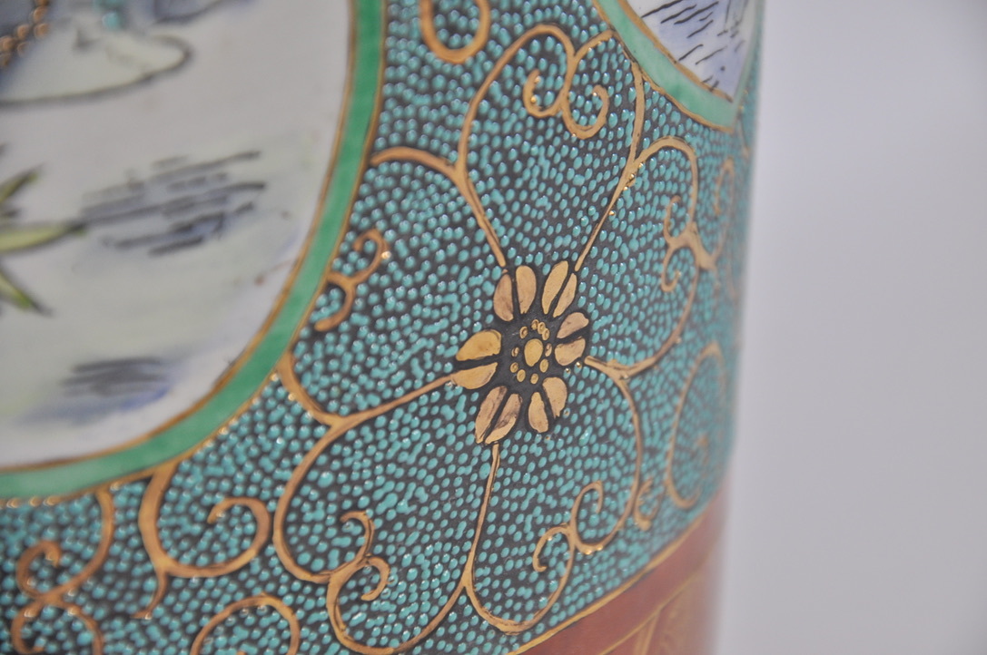 大型 飾り壺 中国仙人図本金彩窓絵 ビーディング付 2点 直径27cm 高さ 