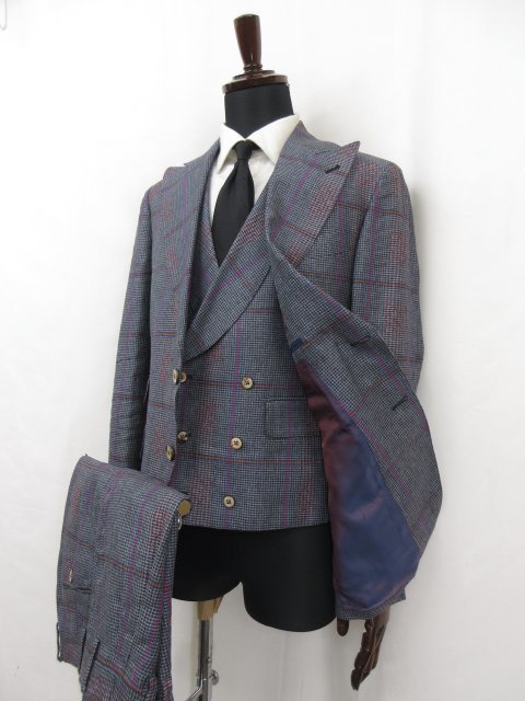 ランキング2022 ■超美品 ★27HR2229 チェック織柄 グレー系 size48 (メンズ) 3ピーススーツ 3ボタン段返り リネン100% 【ガブリエレパジーニ】 Lサイズ