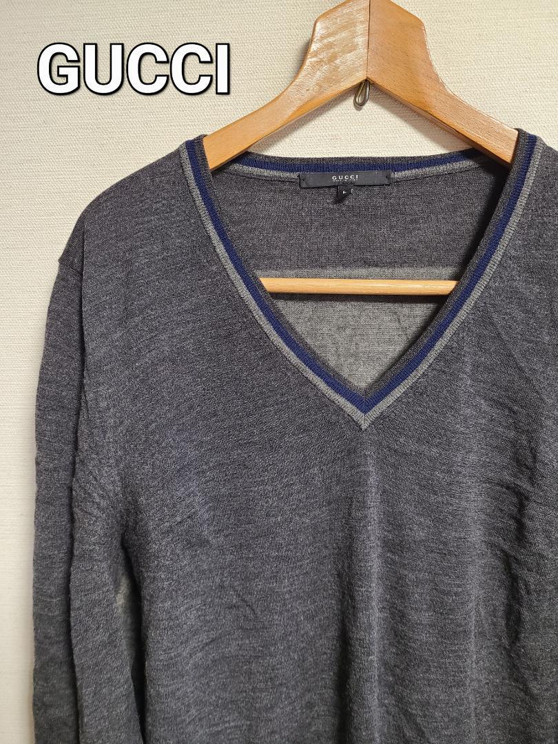 【★安心の定価販売★】 グッチ GUCCI イタリア製 グレー 毛 長袖 Ⅴネック セーター ニット Lサイズ