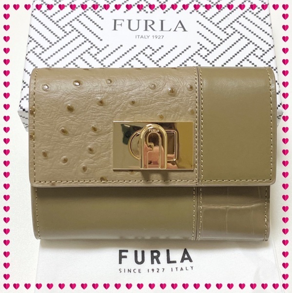 セール価格 FURLA オーストリッチ×クロコ型押し切替コンビハンドバッグ